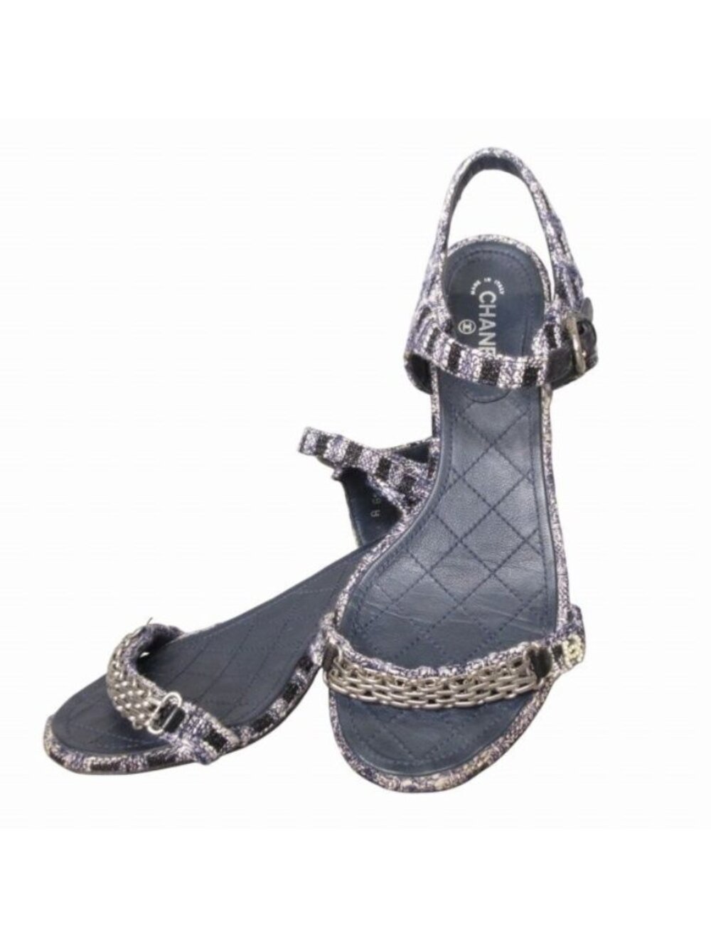 Chanel Tweed Chain Sandals CC Logo Purple Black White 36C